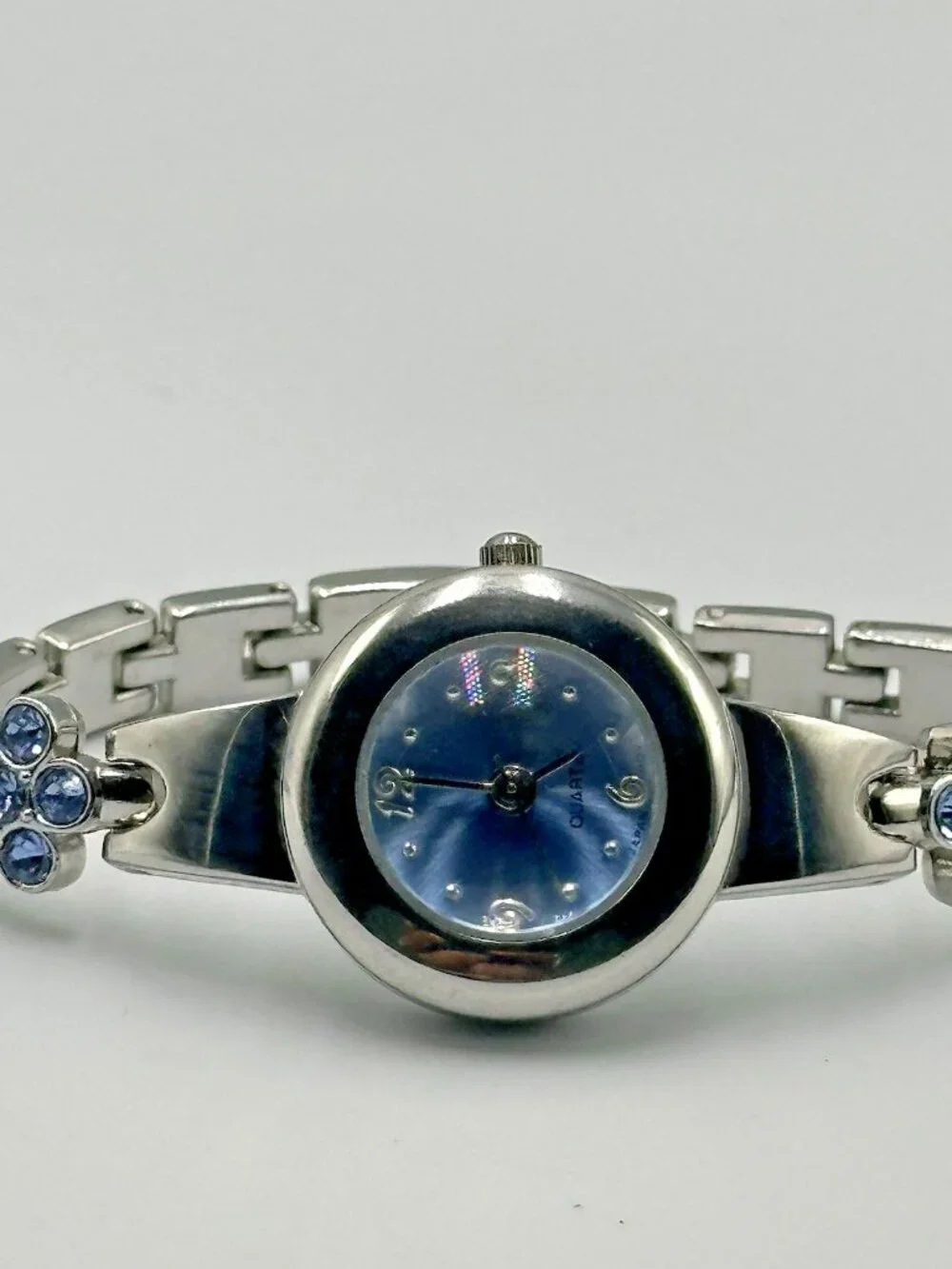 3/$30 Blue Rhinestone Watch Women Silver Tone Cuff Bangle Bracelet New Battery